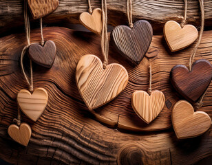Obraz premium Wooden hearts on a old wooden background. Valentines day background.