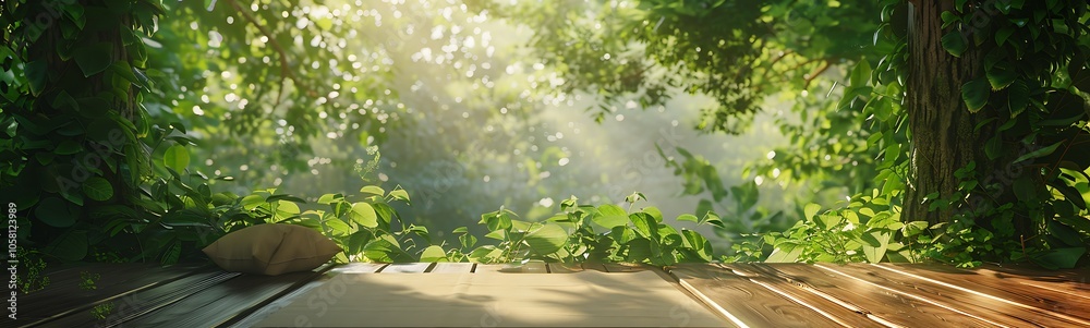 Poster a serene forest scene with sunlight streaming through lush green foliage, creating a tranquil atmosp