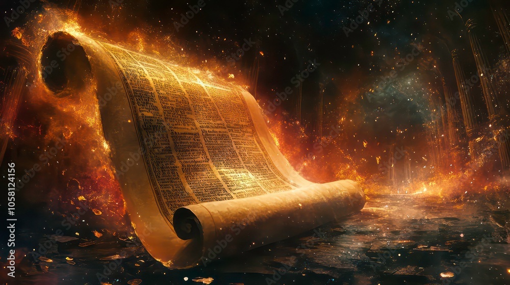 Leinwandbilder a glowing ancient scroll on fire in a magical forest setting with swirling particles.