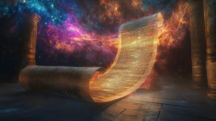 A glowing ancient scroll with writing on it unfurling in a dark room with columns and a colorful cosmic nebula in the background.