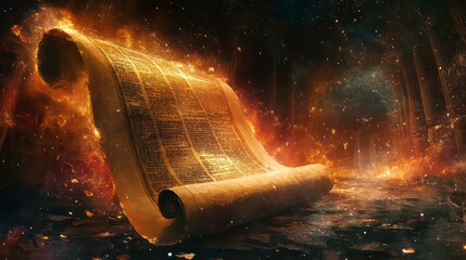 A glowing ancient scroll on fire in a magical forest setting with swirling particles.