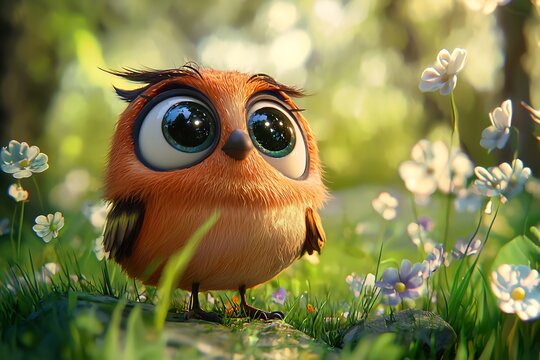 Cute cartoon character with expressive eyes in a natural setting, blending animation with realistic backgrounds.