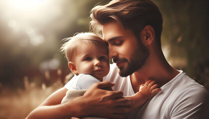A joyful parent holding their smiling child in a park, capturing the love and happiness of family time together