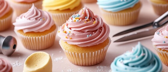 Creative baker decorating colorful cupcakes with icing and sprinkles in a cozy atmosphere
