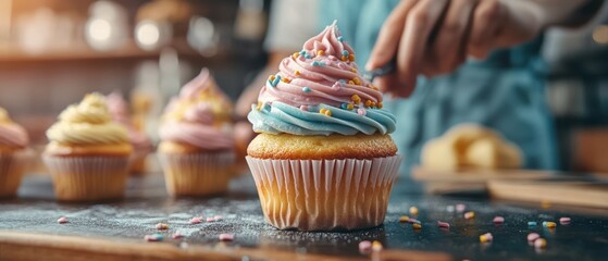 Creative baker decorating colorful cupcakes with delightful icing in a cozy kitchen environment