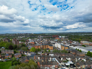 Aerial View of Central Stock-on-Trent City of England, United Kingdom. Aerial Footage Was Captured with Drone's Camera During Mostly Cloudy Day of May 4th, 2024