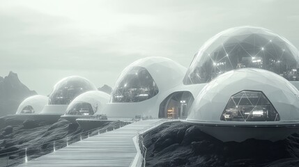 Lowpoly wire mesh visualization of a futuristic space colony with unique architectural features and surrounding landscape elements