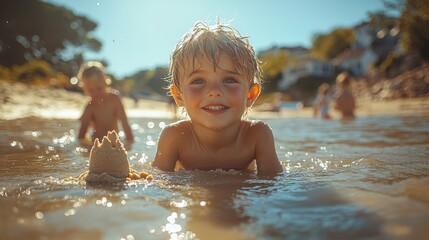 Obraz premium Joyful Child Playing by the Beach Shore