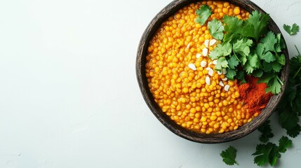 Aromatic overhead view of indian dal with lentils spices and fresh herbs in a rustic bowl