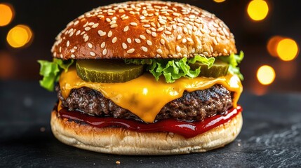 Delicious cheeseburger with lettuce, pickles, and ketchup on a dark background.