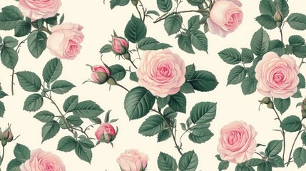 Seamless pattern with pink roses and green leaves on a light background.