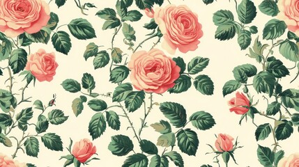 A seamless pattern featuring pink roses and green leaves on a cream background.