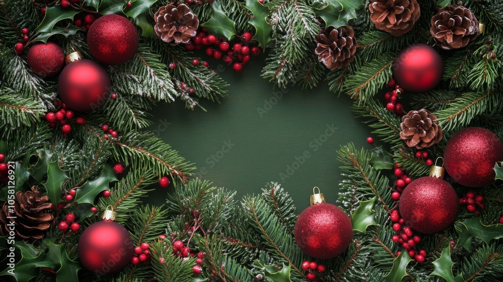 Poster a wreath made from green pine branches and red berries is decorated with red ornaments and pine cone