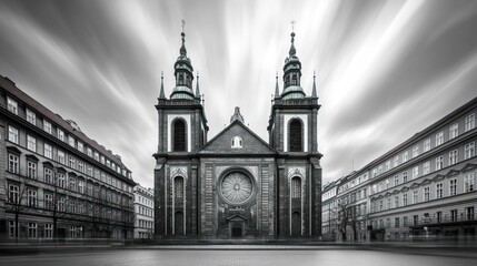 Obraz premium A black and white image of a historic church with twin spires, captured with a long exposure to create a dynamic sky.