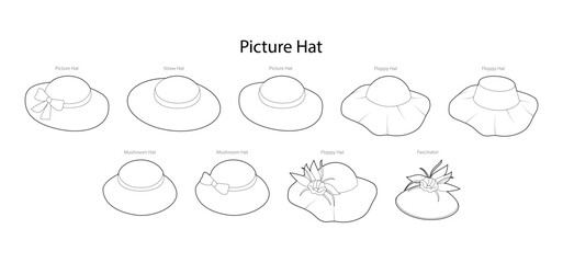 Set of Picture Hats with names - Straw, Floppy, Mushroom with Fascinator. Head Fashion accessory cap clothing technical illustration. Vector headgear for Men, women, flat template CAD mockup sketch