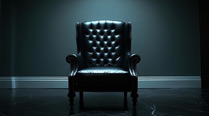 A black leather armchair in a dimly lit room.