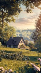 Obraz premium Serene Countryside Landscape with Charming Cottage