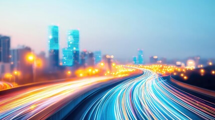 Fototapeta premium Light trails on a highway with modern city skyline at dusk.