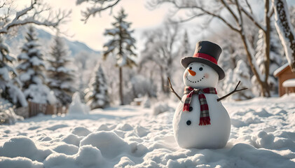 Fototapeta premium A joyful snowman stands proudly in a breathtaking winter landscape, surrounded by sparkling snow and frosty trees, providing a perfect backdrop with ample space for your personalized message