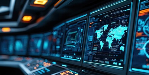 Obraz premium Futuristic control room with digital screens displaying data and maps.