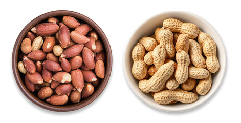 Roasted peanuts in bowls top view isolated transparent background, isolated on transparent background
