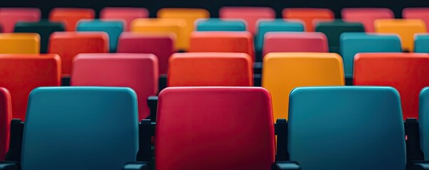 Naklejka premium Colorful chairs arranged in rows, creating a vibrant seating area.
