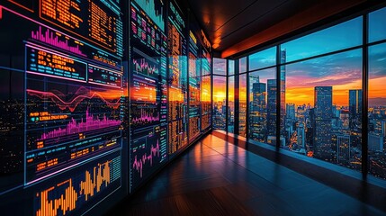 Modern office with data visualizations and sunset view over the city skyline.