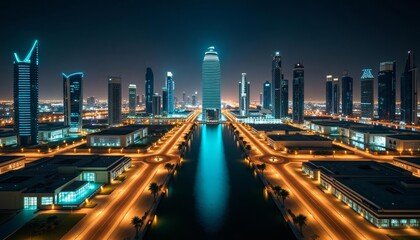 Obraz premium Vibrant cityscape at night with illuminated buildings and a river
