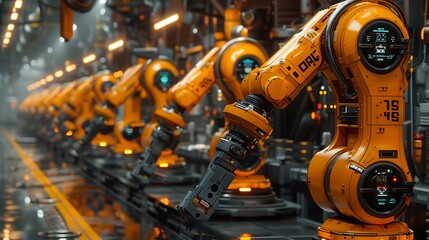 Fototapeta premium A futuristic assembly line featuring multiple orange robotic arms engaged in precision tasks within a dimly lit industrial environment.