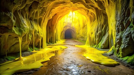 Naklejka premium A bright yellow dripping slime trail leads to an eerie abandoned cave entrance, dark, slime, cave, outdoors