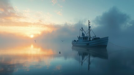Serene Fishing Boat on Misty Water at Sunrise