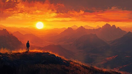 Fototapeta premium Silhouette of a Person on a Mountain Ridge at Sunset