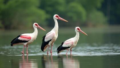 Obraz premium Peaceful scene of three flamingos standing in a pond