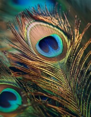 Fototapeta premium A close-up of a vibrant peacock feather, showcasing the intricate details of its iridescent colors.