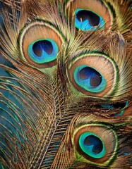 Fototapeta premium Close-up of vibrant peacock feathers, showcasing the intricate details of their 'eyes'.