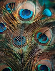 Naklejka premium Close-up of vibrant peacock feathers with intricate details and shimmering colors.