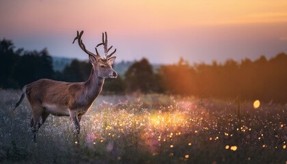 Fototapeta premium A majestic deer with large antlers stands in a field of wildflowers at sunset.