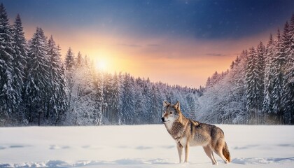 A lone wolf stands in a snowy field, bathed in the golden light of the setting sun.