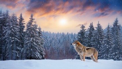 Obraz premium A lone wolf stands in a snowy forest, watching the sun set over the horizon. The wolf's fur is thick and gray, and its eyes are piercing.
