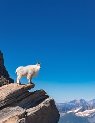 A mountain goat stands on a rocky cliff, overlooking the vast mountain ranges. The bright blue sky and snowy peaks create a stunning backdrop.