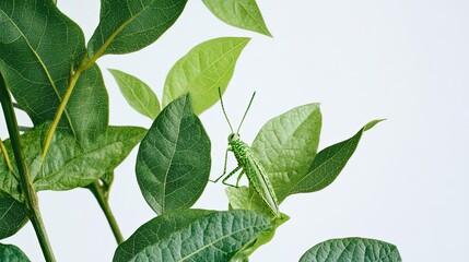 Green Grasshopper Perched on Lush Green Leaves