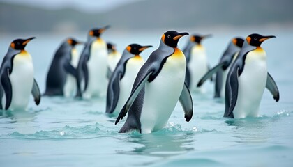 Obraz premium Penguins in formation ready to dive into the deep
