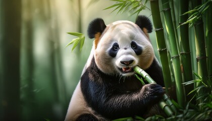 Obraz premium A giant panda enjoys a refreshing snack of bamboo in a lush green forest.