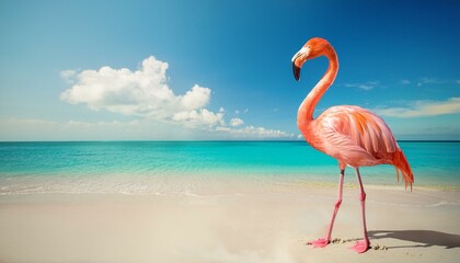 Fototapeta premium A pink flamingo stands on a white sandy beach with turquoise water in the background. The bright blue sky makes this the perfect beach day.