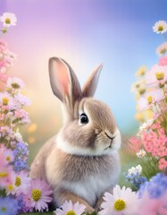 A cute brown and white rabbit sits amidst a field of colorful spring flowers.