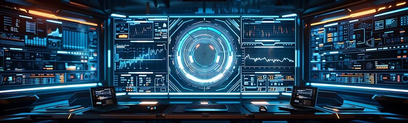 A futuristic control room with glowing screens displaying complex data and analytics in a sleek, high-tech environment.