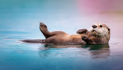Naklejka premium A playful otter floats on its back in a serene blue lake, basking in the warm sunlight.