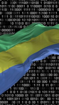 Gabon flag - 3D realistic waving flag on matrix digital background with binary code