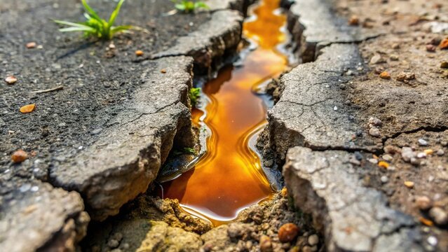 A patch of sticky resin flows slowly through a crack in the ground, underground environment, geological process, fossilized tree sap, rock crack