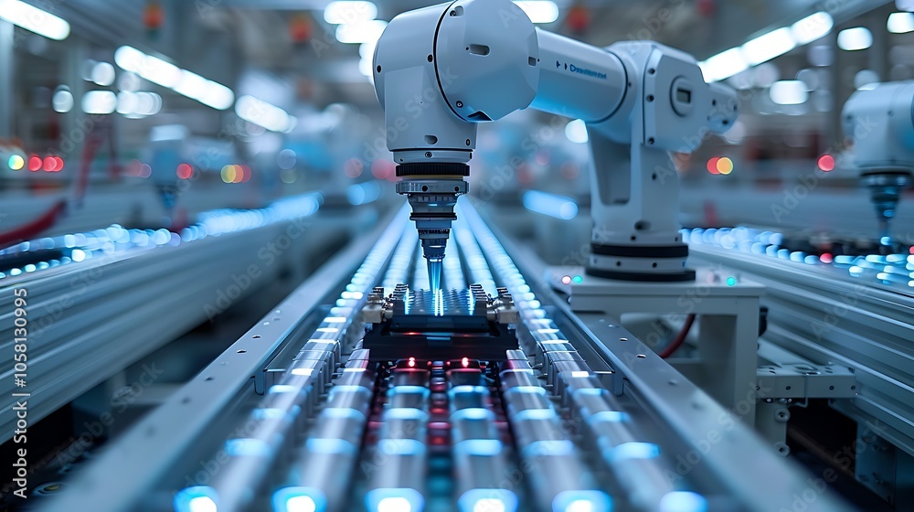 Poster a robotic arm works on a production line, highlighting automation and technology in a modern manufac